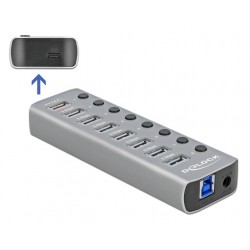DEDOCK USB hub 63264 με διακόπτες, 9x θυρών, 5Gbps, 12V/2.25A PD, γκρι