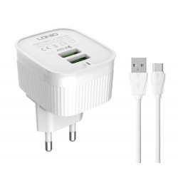 LDLIO φορτιστής τοίχου A201 με καλώδιο USB-C, 2x USB, 12W, λευκός