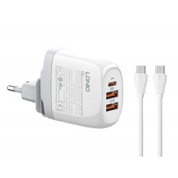 LDLIO φορτιστής τοίχου A3511Q με καλώδιο, USB-C/2x USB, 65W, GaN, λευκός