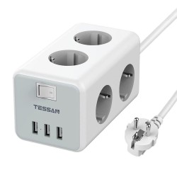 TETSAN TS306 ΠΟΛΥΜΠΡΙΖΟ 6 ΘΕΣΕΩΝ, 3 USB, ΓΚΡΙ/ΛΕΥΚΟ