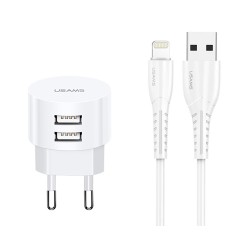 USUMS φορτιστής τοίχου T20 & καλώδιο Lightning, 2x USB, 2.1A, λευκός