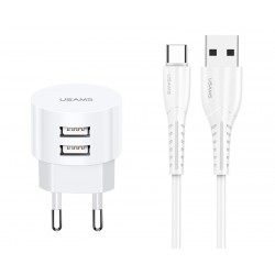 USUMS φορτιστής τοίχου T20 & καλώδιο type-C, 2x USB, 2.1A, λευκός