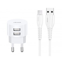 USUMS φορτιστής τοίχου T20 & καλώδιο Micro USB, 2x USB, 2.1A, λευκός