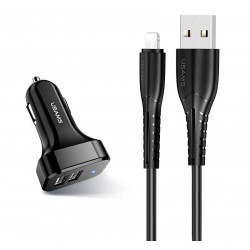 USUMS φορτιστής αυτοκινήτου C13 & καλώδιο Lightning, 2x USB, 2.1A, μαύρο