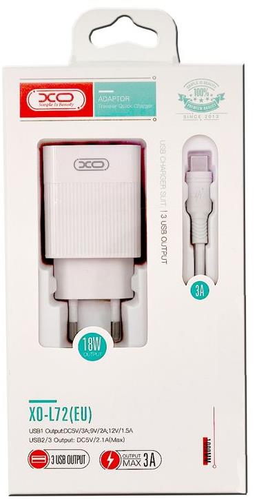 XO L72 ΦΟΡΤΙΣΤΗΣ QC3.0+2.1A, 3 ΘΥΡΕΣ ΜΕ ΚΑΛΩΔΙΟ LIGHTING, 18w