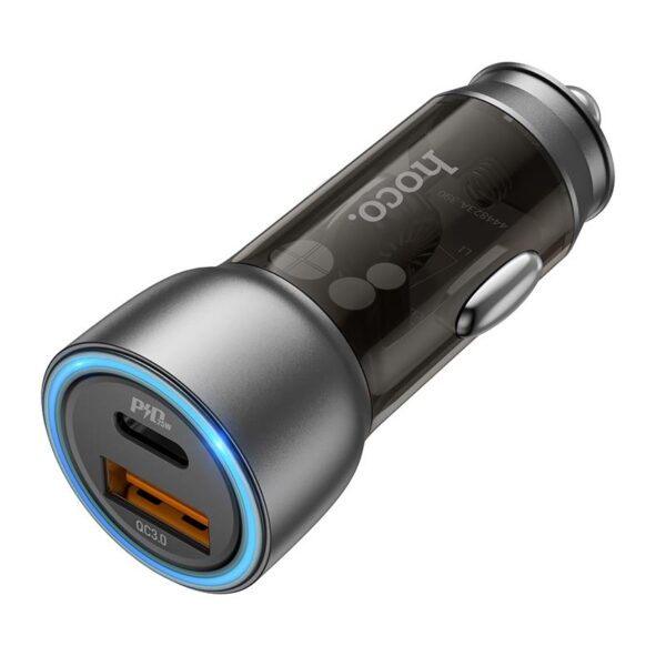 HOCO NZ8 ΦΟΡΤΙΣΤΗΣ ΑΥΤΟΚΙΝΗΤΟΥ, SPRINTER PD25W+QC3.0, ΚΑΛΩΔΙΟ LIGHTNING, 2 ΘΥΡΕΣ ΔΙΑΦΑΝΟ ΚΑΦΕ